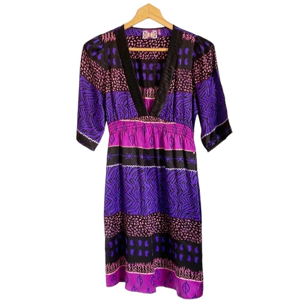 yumi kim silk deep V neck elastic waist mix print dress